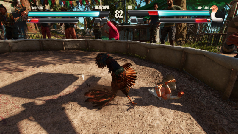Петушиные бои оформлены в стиле файтинга — с выбором бойца, разными приёмами и игрой до двух побед