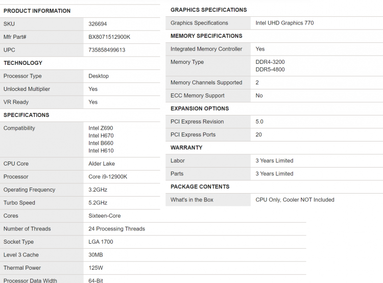 Характеристики Core i9-12900K