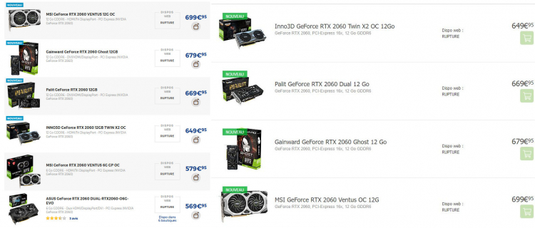 Цены на различные версии GeForce RTX 2060 12GB у европейский продавцов. Источник изображения: @momomo_us, @davideneco25320