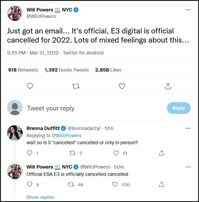  Первым об отмене цифровой E3 2022 сообщил руководитель PR-отдела Razer Уилл Пауэрс (Will Powers) — скриншот из его микроблога 